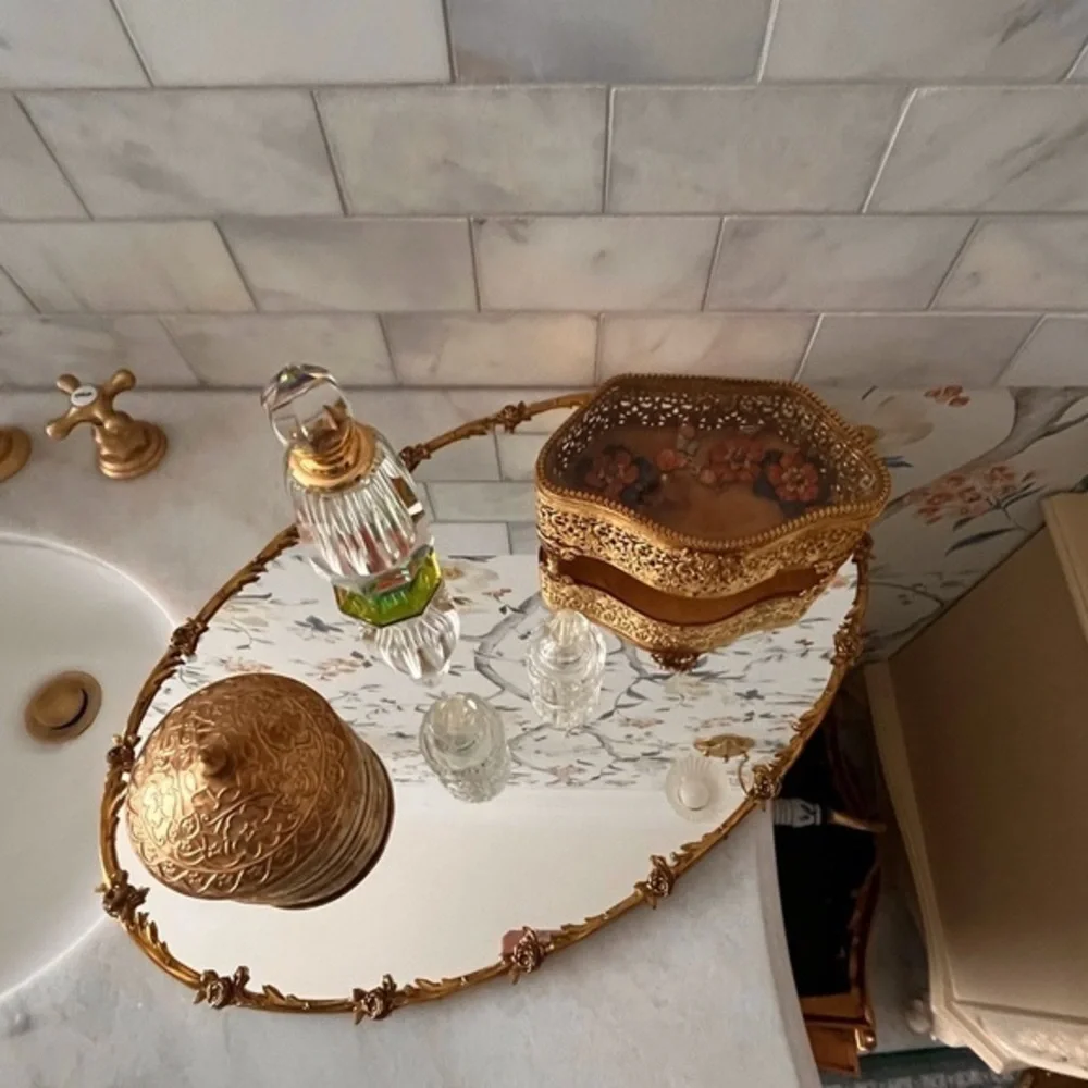 Large antique ,gold brass floral motif vanity tray . Rare